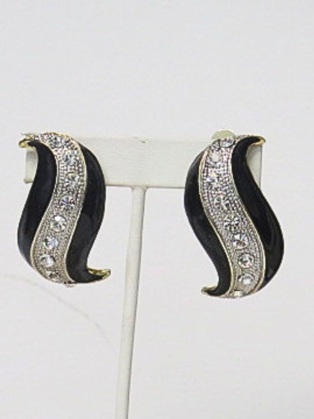 Vintage Black Enamel Clear Rhinestone Curved Clip-On Statement Earrings